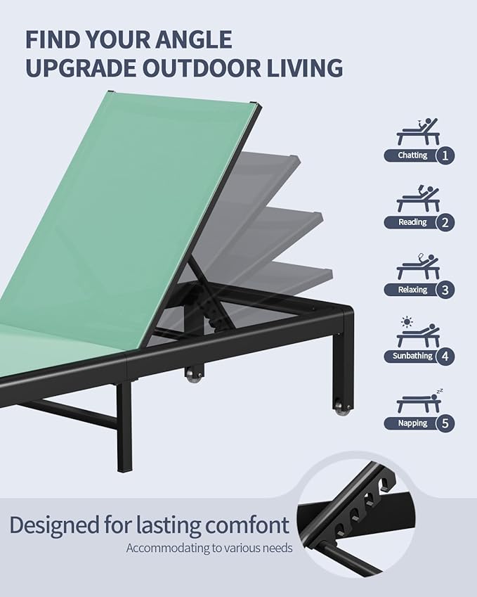 Aluminum Lounge Chairs Outdoor Chaise Furniture,2 Sets Patio Metal Deck Lounger Adjustable 5-Position Poolside Chase Recliner with Wheels for Beach,Coffee Table, (Green, 2 Chair＋Table)