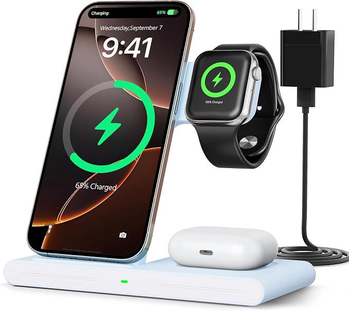 2026 Travel Portable Wireless Fast Charging Station for Apple &amp Android | 3 in 1 Charging for iPhone17 16 15 14 13 12Apple Watch Series &amp Air pods 4 3 2 ProSamsung Galaxy