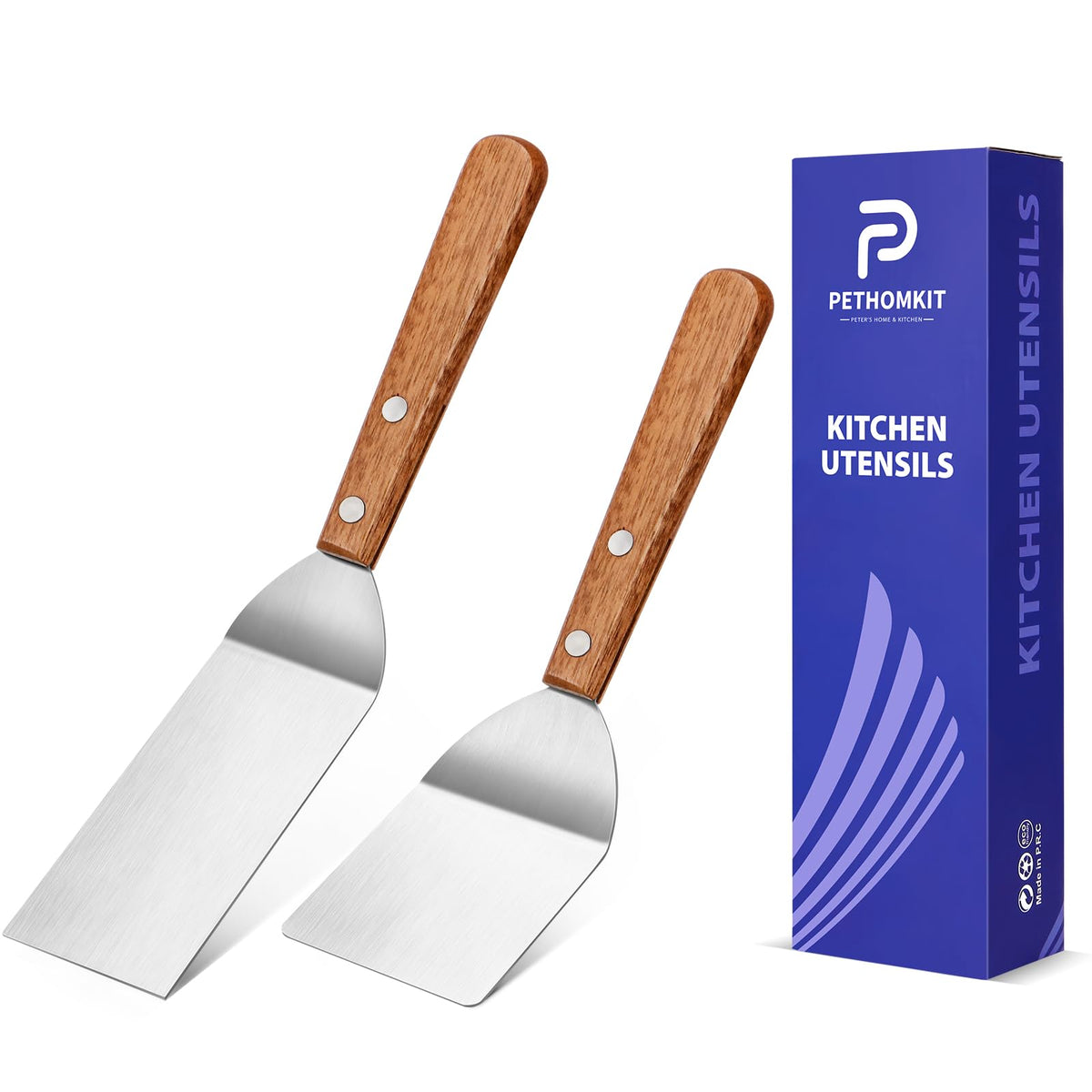 PETHOMKIT Metal Spatula Turner Set with Wide Beveled Edge for Grill,2 Pack