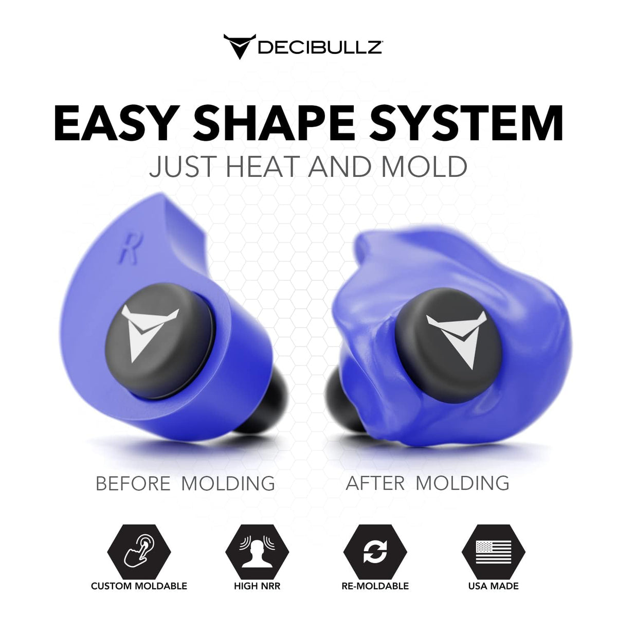 Decibullz - Custom Molded Earplugs, 31dB Highest NRR, Comfortable Hearing Protection for Shooting, Travel, Swimming, Work and Concerts (Blue)