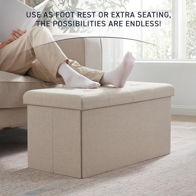 43 Inches Folding Storage Ottoman Bench, Ottoman Foot Rest, Storage Chest, End of Bed Foot Rest Stool with Padded Seat for Living Room, Bedroom, Entryway, Support 660lbs, Linen, Beige