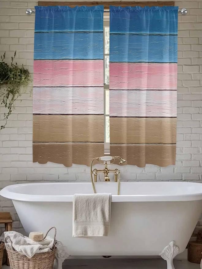 Blue Pink Brown Gradient Wood Grain Window Valance Curtains, Vintage Wood Board