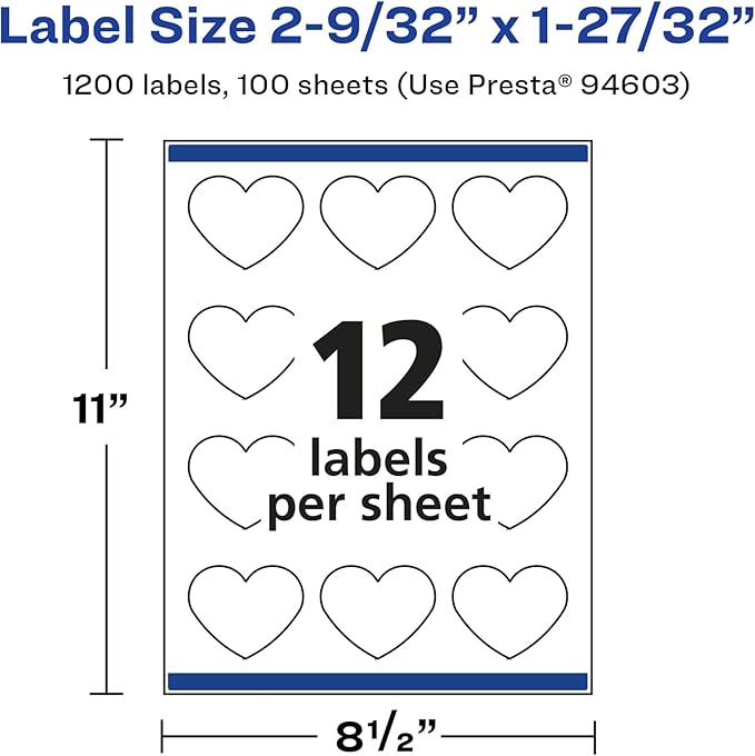 Avery Glossy White Heart Labels, Sure Feed Technology, 2-9/32" x 1-27/32", 1,200 Glossy White Labels, Print-to-The-Edge, Permanent Adhesive, Laser/Inkjet Printable