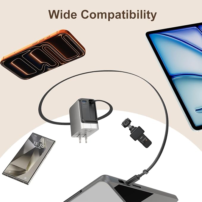 Retractable Charger 45W USB-C Charger GaN Fast Charger with 2.26ft Retractable Cable for iPhone 17/16/15/14/13 Series Galaxy S26/S25/24 Ultra Pixel iPad Space Silver