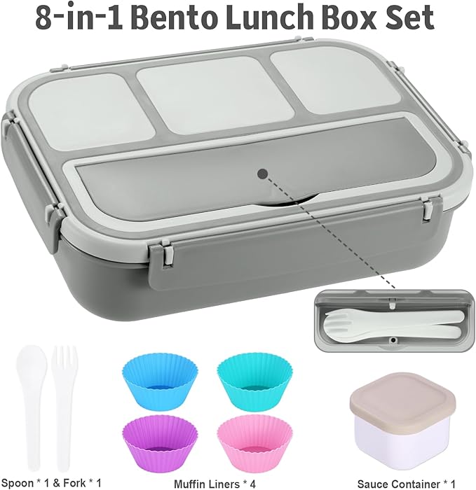 Bento Box Adult Lunch Box, Lunch Containers for Kids Girls Boys with 4 Compartments, Lunchable Food Container with Utensils, Sauce Jar, Muffin Liners, 40 Oz/5 Cup, Microwave & Dishwasher Safe, Gray