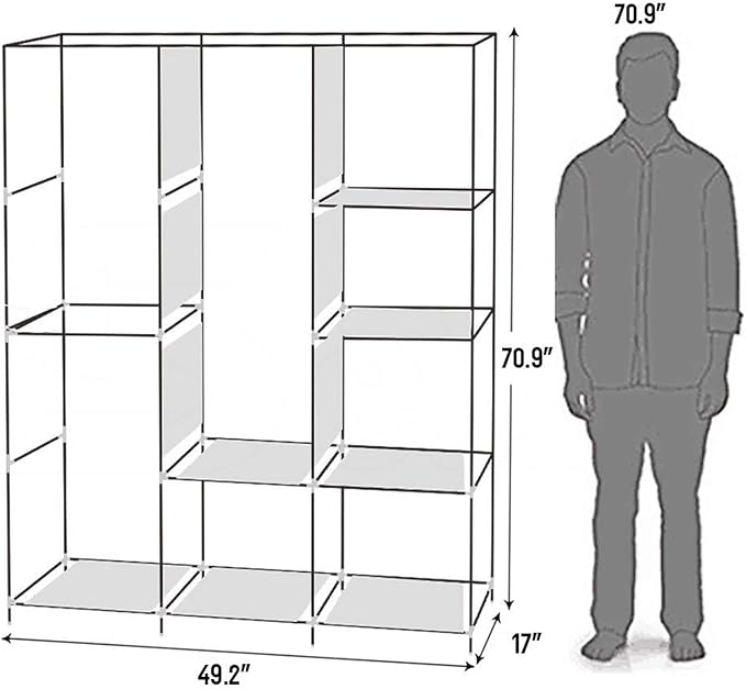 Portable Closet Wardrobe,71'' Closet Storage Organizer Rack with Shelves and Cover for Hanging Clothes, Non-Woven Fabric, Quick and Easy to Assembly (Gray)