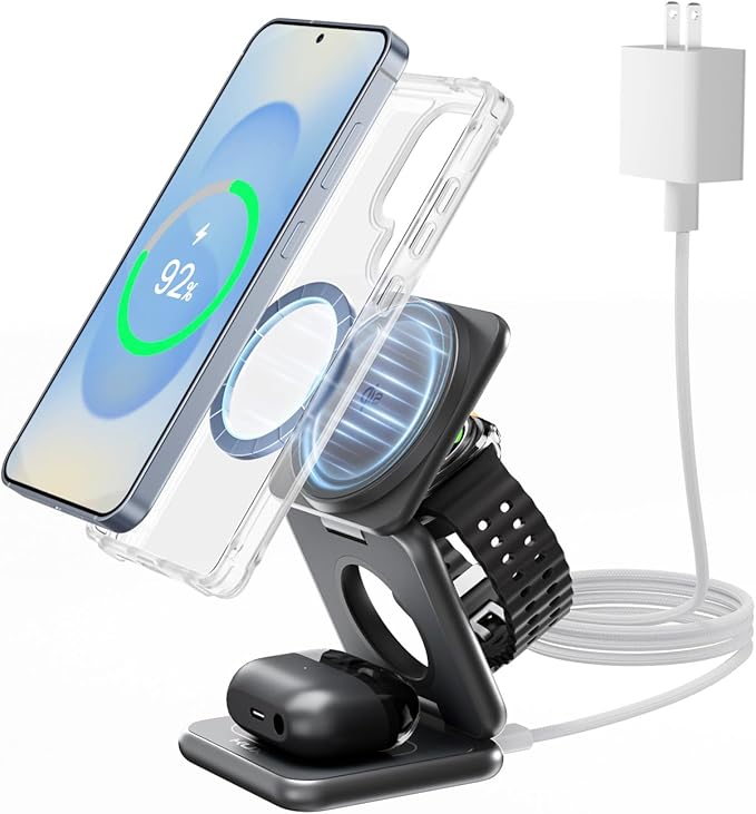 Qi2 Certified 3 in 1 Charging Station for Samsung, Aluminum Alloy Foldable 15W Wireless Charger for Galaxy S25 Series Z Flod 7, Fast Charger for Galaxy Watch Ultra, for Galaxy Buds