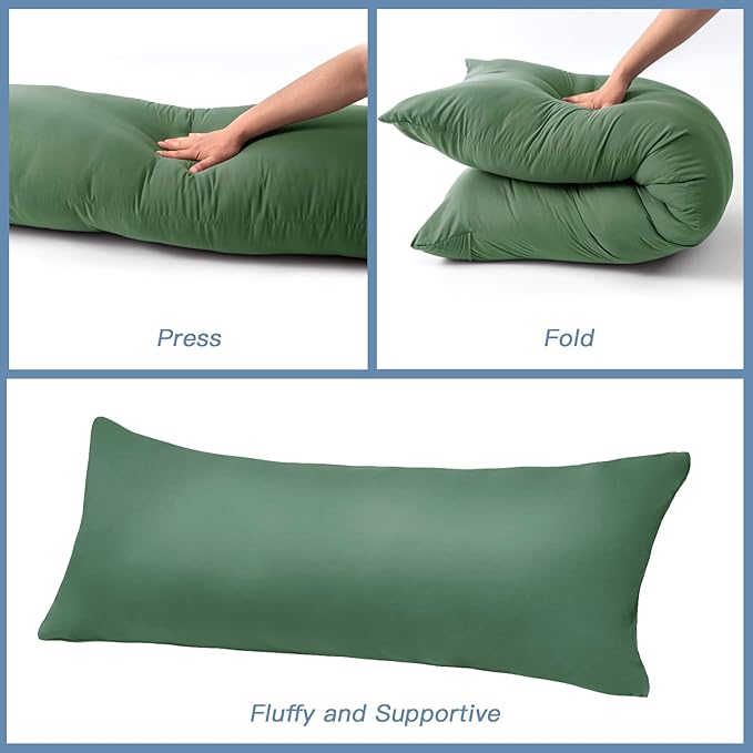 DOWNCOOL Luxury Full Body Pillow Insert with Fiber Cover - Ultra Soft Body Pillow for Sleeping - Breathable Long Bed Pillow Insert, 20"x54"(Sage Green, with Cover)