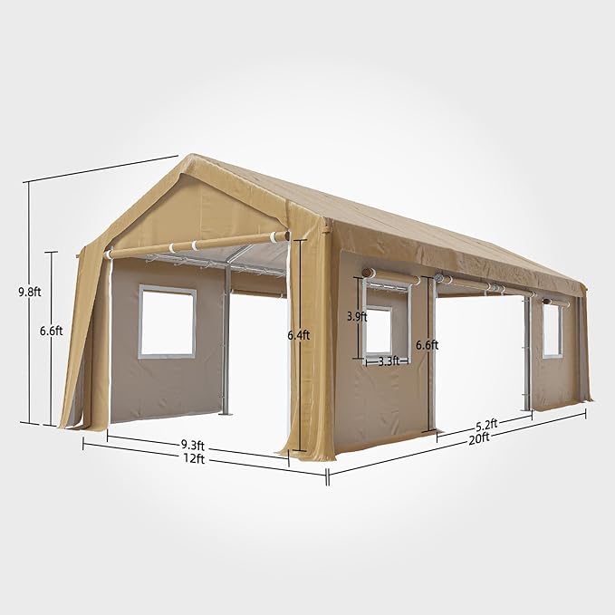 12x20ft Heavy Duty Carport Outdoor Canopy Portable Garage with 4 Doors & 4 Windows Waterproof UV Resistant Storage Shelter with Removable Sidewalls for Car Truck Boat, Earthy Yellow
