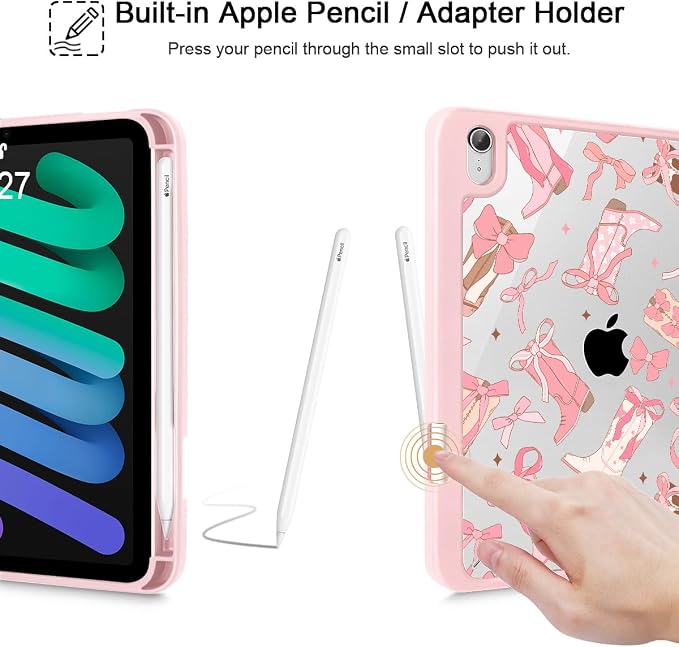 Case for iPad mini (A17 Pro 7th Generation) 2024/iPad Mini (6th Gen) 8.3 Inch with [Built-in Pencil Holder] Shockproof Cover with Clear Transparent Back Shell &amp Auto Wake/Sleep - Blue Bows