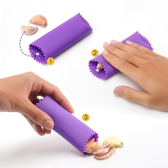 BURLIHOME Stainless Steel Garlic Press Mincer,Heavy-Duty,Purple Peeler Tube