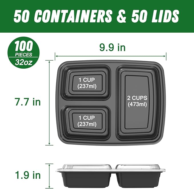 50 Pack (100-Piece) 32 oz Meal Prep Containers Reusable with Lids 3-Compartment, To Go Take Out Plastic Food Storage Containers, Sturdy Leakproof Food Safe, Microwave Freezer Dishwasher Safe, Black