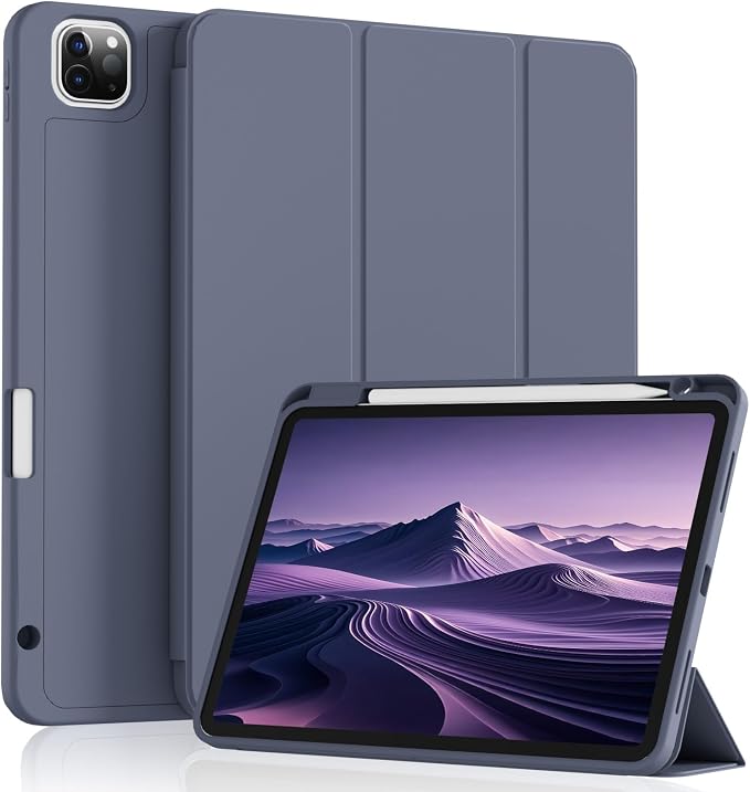 Case for iPad Pro 11 Inch 4th/3rd/2nd Generation 2022/2021/2020 | Slim Soft TPU Back Cover with Pencil Holder Three-Stage Folding Support Pencil Charging Auto Sleep/Wake Black