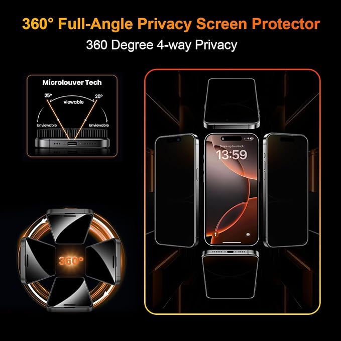 OneFish Screen Protector for iPhone 13 Pro Max / 14 Plus Privacy 4-Way 360° Anti-Spy Tempered Glass 9H Hardness HD Clear Anti-Fingerprint 3D Curved Edges Case-Friendly &amp Easy Installation