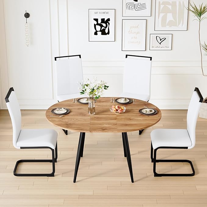 42"-54" Extendable Dining Table Set for 4, Round Dining Table Set for 4, 0.73" Thick Wood Tabletop with Smooth Edge, Black Metal Leg with Non-Slip Footmat, 4 Soft PU Chairs, for Kitchen, Small Space