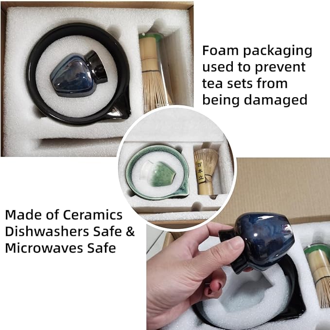 ZaH Matcha Whisk Set - Kit of 5pcs - Matcha Whisk and Bowl, Ceramics Whisk Holder, Bamboo Tea Scoop, Sifter (Glaze Navy)