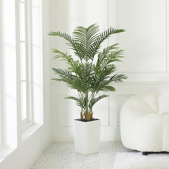 5FT Artificial Palm Tree - Tall Fake Tree with White Taper Planter & Pebbles, UV Resistant for Indoor & Outdoor Decor - Large Potted Faux Plant for Living Room, Office, Home Decor,VN130