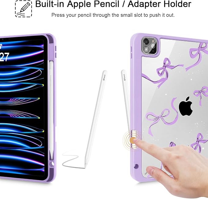 May Chen Case for iPad 12.9 Inch (6th/5th/4th/3rd Generation 2022/2021/2020/2018) Pencel Holder + Trifold Support Auto Sleep/Wake Transparent Shockproof Back Cover Blue Bows
