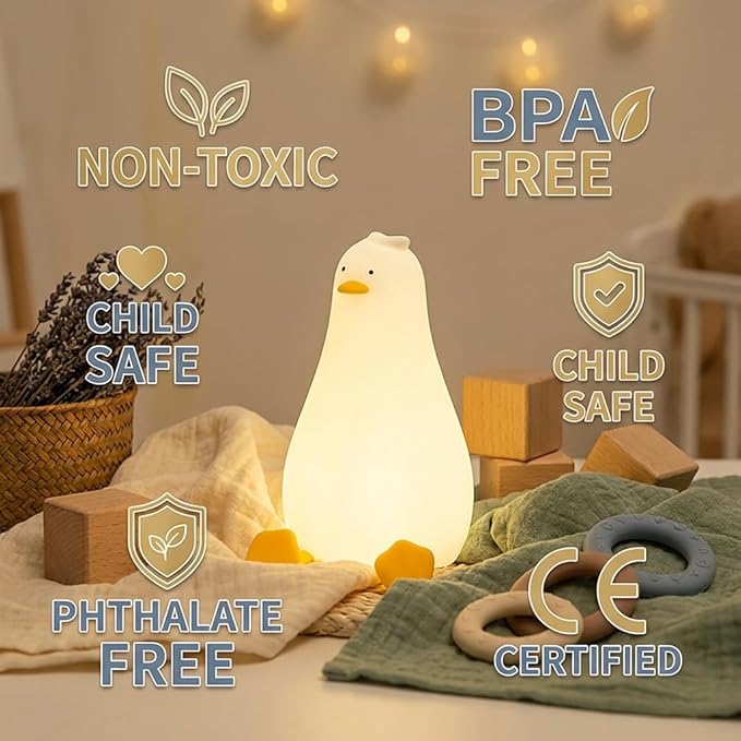 AVACOM Squishy Night Light, Lying Flat Duck Night Light, Travel Nightlight, 3 Level Dimmable Nursery, Rechargeable Bedside Touch Lamp for Breastfeeding Toddler Baby Kids Decor