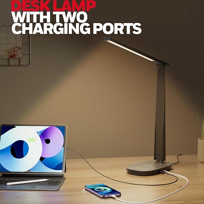 Honeywell LED Desk Lamp - HWT-H2 Sunturalux™ Eye-Caring Foldable Desk Light with USB A+C Dual Charging Port 4 Color Modes Dimmable Table Lamp for Home Office Bedroom Reading Study Work - Black