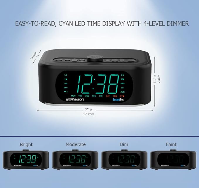 Emerson ER100202 Smartset Dual Alarm Clock Radio with USB Port and QI Wireless Phone Charger with Bluetooth All Qi Compatible Phones
