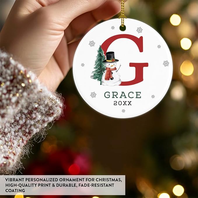 Andaz Press Personalized Ornament, Custom Name, Initial G Monogram Snowman 2.8" Ceramic Porcelain 2025 Christmas Ornament Keepsake for Kids, Boys, Girls, Initial Ornaments, 1-Pack