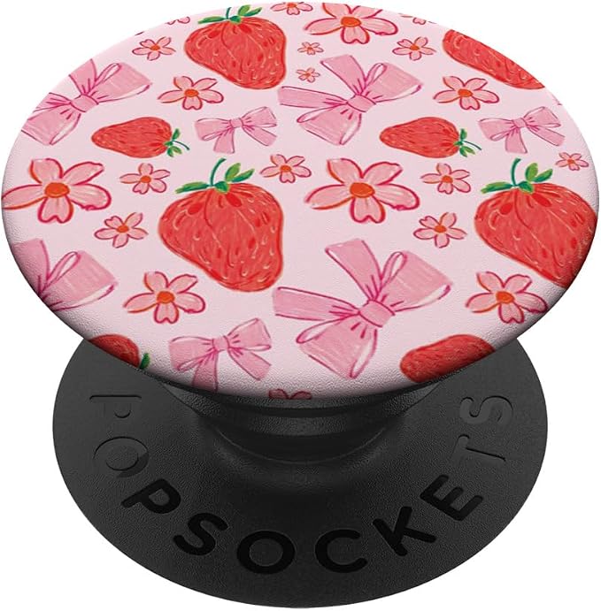Cute Pink Strawberry Bow Pattern Girly Aesthetic Flower PopSockets Adhesive PopGrip