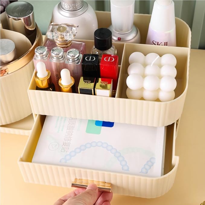 Makeup Organizer Countertop with Drawer 360 Rotating Brush Holder Storage Large Capacity Skincare Cosmetic Display Cases for Vanity Bathroom Desktop, Model 3016 Cream