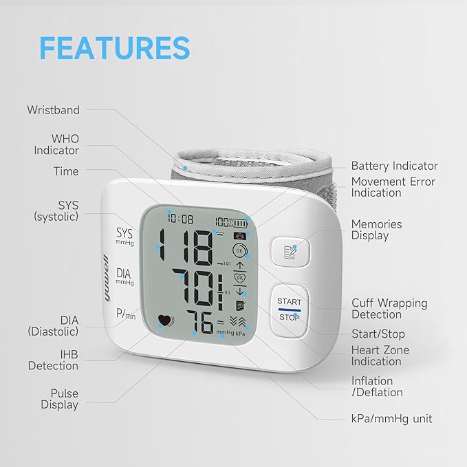 yuwell Wrist Blood Pressure Monitor | Clinical Accuracy, BP Machine for Home Use | Ultra Light Weight, Smart Inflation Blood Pressure Cuff, Large Display, 74 Readings, Rechargeable