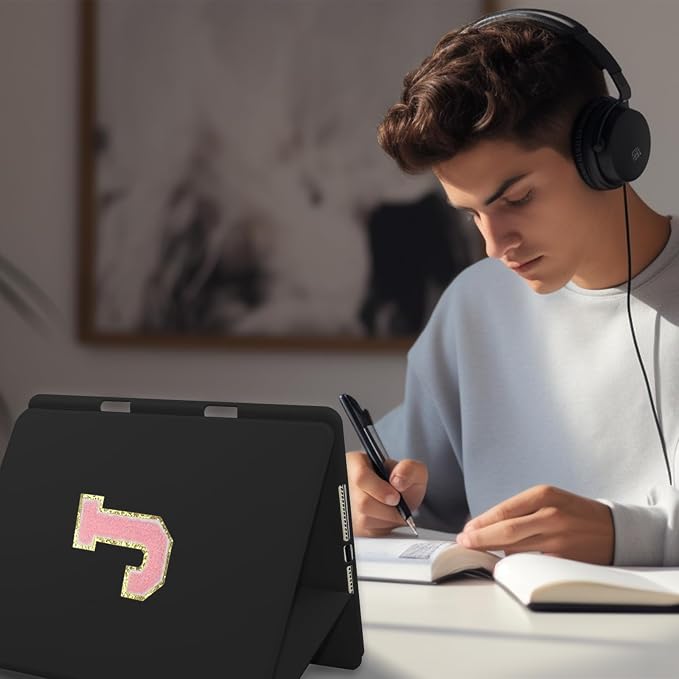 for iPad 9th Generation 10.2 Inch 2021/2020/2019 Case Initial Chenille Letter Suture Personalized for iPad 9th/8th/7th Generation Case with Auto Sleep/Wake Pencil Holder (Black A)