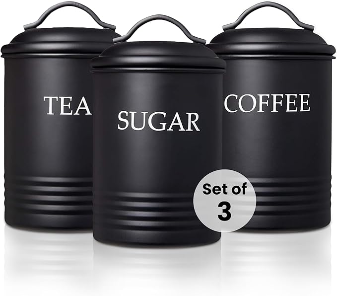 Steelware Central Black Kitchen Canister Set of 3 - Airtight Food Storage Containers with Lids for Sugar, Coffee & Tea, Stainless Steel Countertop Decorative Jar Set