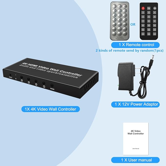 Video Wall Controller HDMI 1X4,Splicing Professional Processor with 4 HDMI+3.5mm Audio Output 180 Degree Rotate TV Wall Display 8 Splicing Modes 1x1, 1x2, 1x3, 1x4, 2x1, 3x1,4x1, 2x2