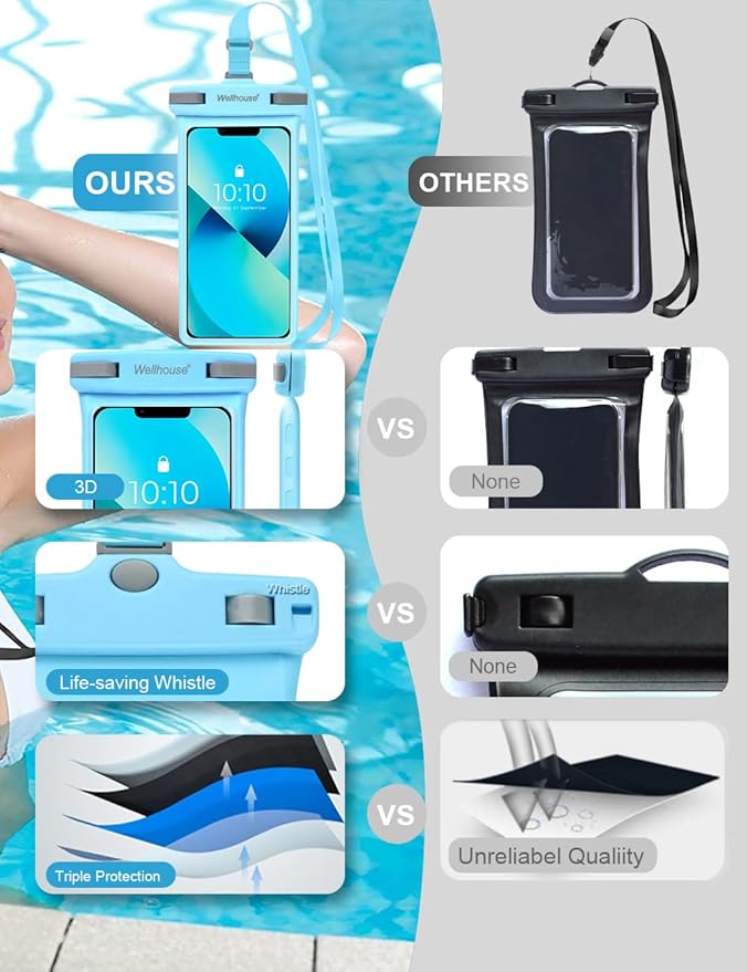 wellhouse Waterproof Phone Pouch, Waterproof Phone Case for iPhone 16 15 14 13 12 Pro Max XS Samsung, IPX8 3D Cellphone Dry Bag Beach Essentials (1 Pack - Light Blue7.0, 7 inch)