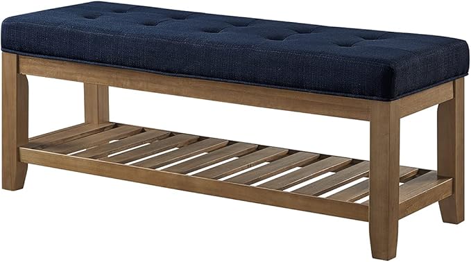 24KF Large Rectangular Upholstered Tufted Linen Fabric Ottoman Bench, Padded Bench with Solid Wood Shelf-Navy Blue