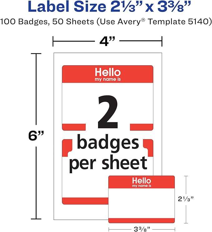 Avery Customizable Name Tags, Hello My Name is, White, Red Border, Removable Adhesive, Laser/Inkjet Printable, 100 Total (5140)