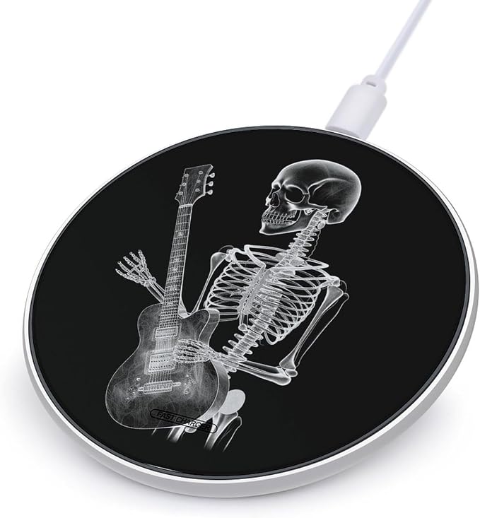 Abstract X-ray Skull Skeleton Playing Guitar Wireless Charger Aluminum Alloy Frame 10W Fast Charging Pad with Indicator Light 6mm Thin &amp Portable Wireless Charging Pad for Travel Home Office Desk