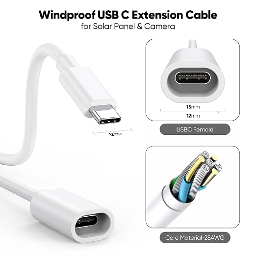 USB C Extension Cable 20FT for Ring Solar Panel-White Waterproof | USBC Male to Female Extender Cord WindproofPower Charging Ring Camera Extension Cable for Solar PanelMag-Safe ChargerPhone