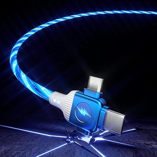 IHAO Multi Ports Light-Up USB Cable USBA to USBC/MicroUSB Cable Durable Fast Charging Cable with Visible Current Flow As Night Light Use-3in1 Blue