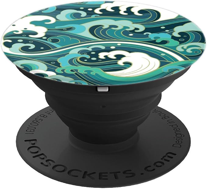 Ocean Wave Surf Beach Tropical Blue Teal Green Japanese Art PopSockets Adhesive PopGrip