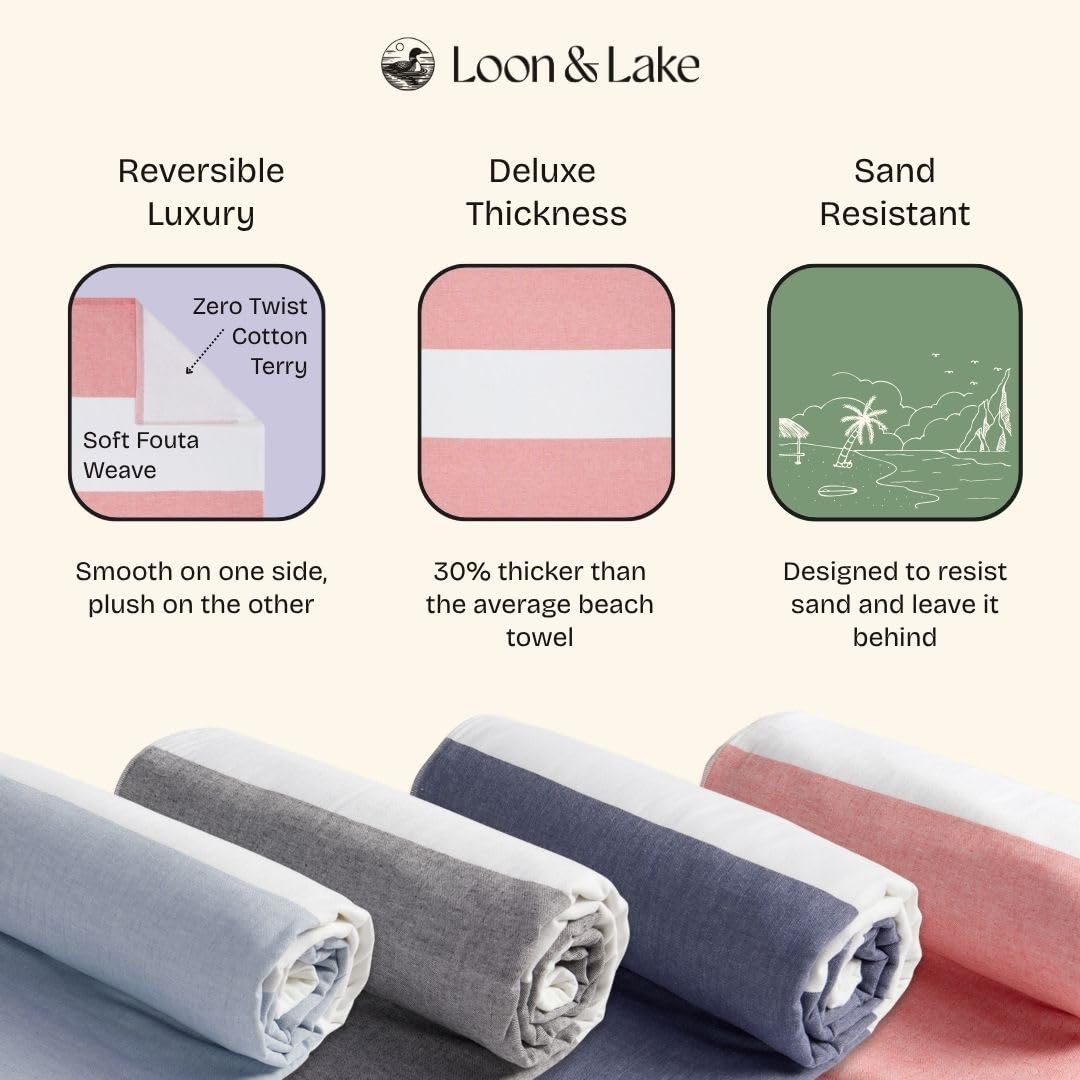 Loon & Lake Luxury Block Stripe Beach Towels | Oversized 36" x 72" | Crafted from 100% Combed Cotton | Plush and Absorbent Beach Towel or Pool Towels | Fouta & Terry | Balch Collection - Coral