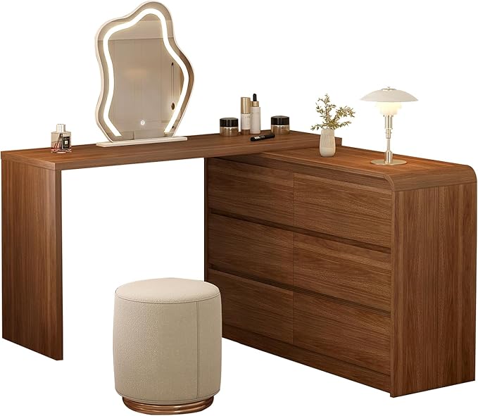 Makeup Vanity Desk with Cloud HD Mirror and Lights, 50-94in Extendable Modern Vanity Table Set with Chair, 6-Drawer Storage Cabinet with Rounded Corners, Dressing Table for Bedroom, Brown