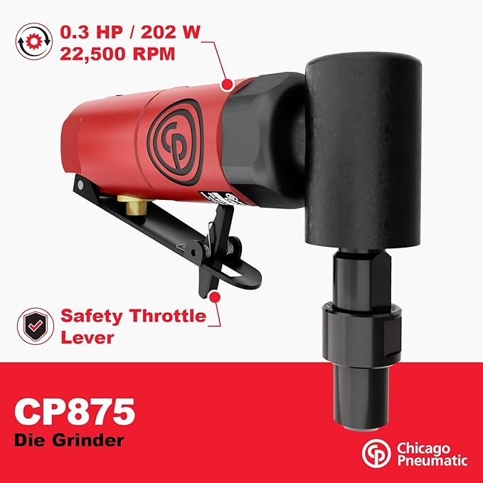 Chicago Pneumatic CP875 Kit - Air Die Grinder Tool, Welder, Woodworking, Automotive Car Detailing, Stainless Steel Polisher, Heavy Duty, Right Angle Grinder, 1/4 Inch (6 mm), 0.3 HP/ 220W - 22500 RPM