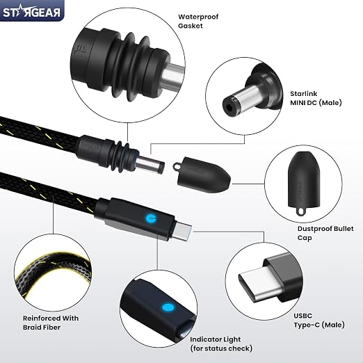 Starlink Mini Cable 16.4FT 18AWG 140W Starlink USB C to DC Power Cable with Smart Protocol Chip Waterproof DesignMini Accessories Compatible with 100W+ PD Source 28V PPS 20V PD Protocols