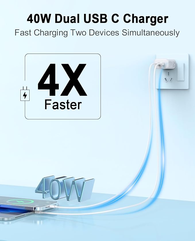 iPhone 17 16 15 Charger 4 Pack 40W USB C Charger Dual Port Fast Charging Block (4-Pack 6 ft USB C to C Cable Cord Included) for iPhone 17 16 15 Pro Max/15Pro/15/15PlusiPad | USB C Charger Fast Charg