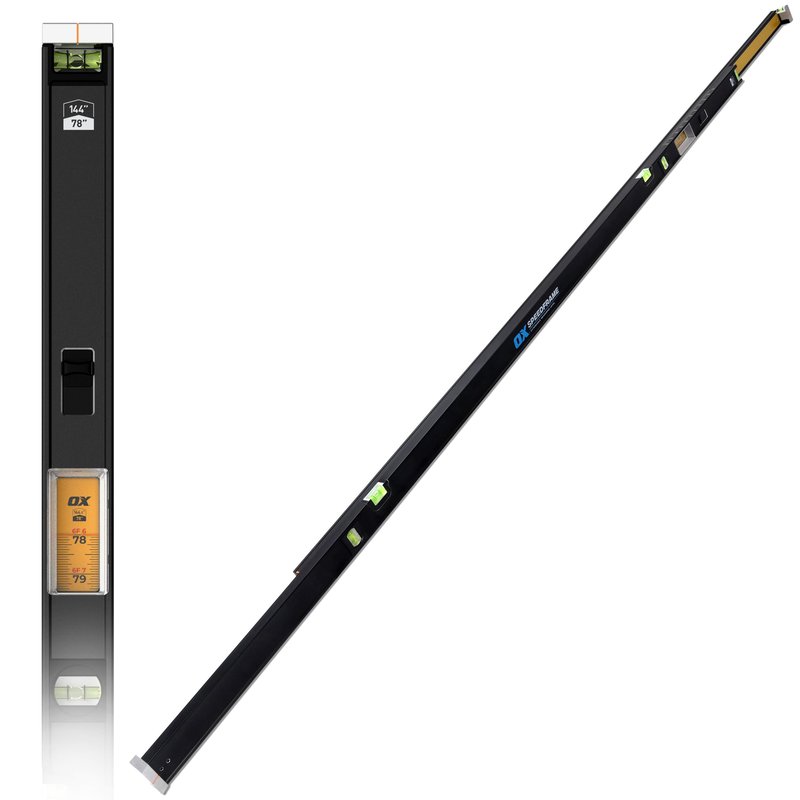 OX Pro 78"-144" Speedframe Measuring Extendable Level with Twin-Rail Extension - 6 Level Vials and Measuring Scale Window