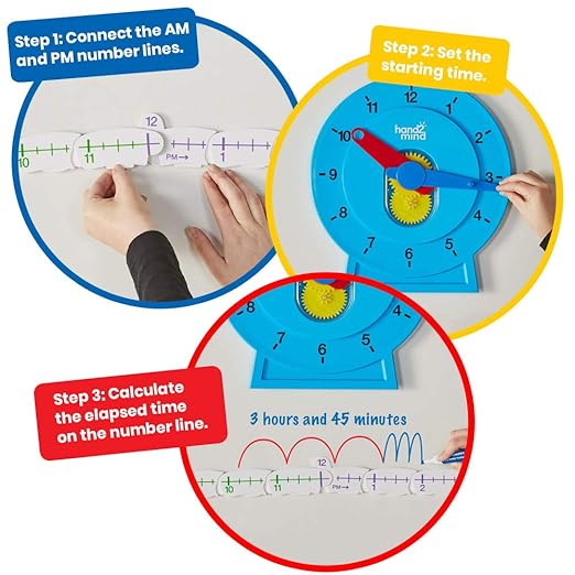 hand2mind Advanced NumberLine Clock, Telling Time Teaching Clock, Elapsed Time Clock, Analog Clock Learning for Kids, Middle School Clock Manipulatives, Teaching Time Classroom Clock (Set of 25)