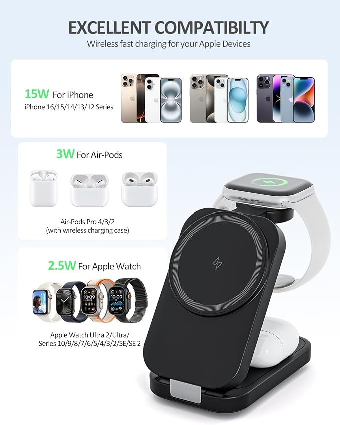 Wireless Cell Phone Charger Station 3 in 1 Magnetic Wireless Fast Charger Dock Stand for iPhone Apple Watch AirPods Pro 15W USB-C iPhone Charger Black（20W Adapter）