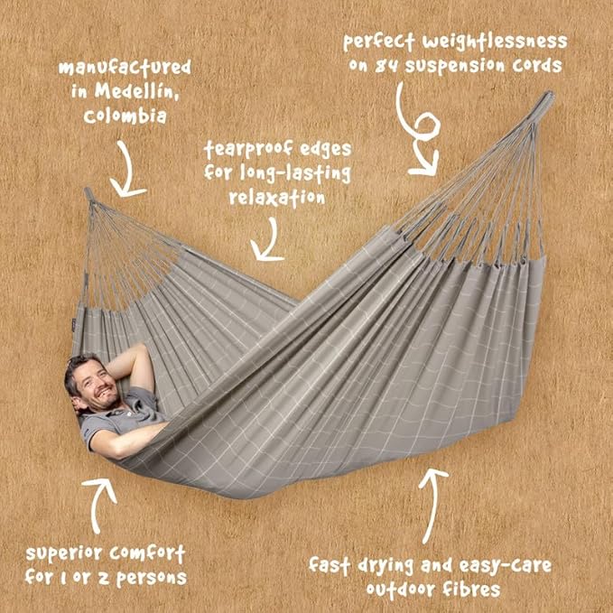 LA SIESTA® - Large Double Brisa Classic Hammock & Nautico Steel Stand - Weather & Tear Resistant Portable Hammock w/Stand - Balcony Porch Garden Outdoor Indoor Hammock - 2-Person Max 355 Lbs, Almond