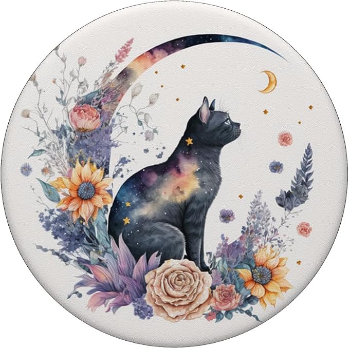 Cute Celestial Black Cat Crescent Moon Phases Witchy PopSockets Standard PopGrip
