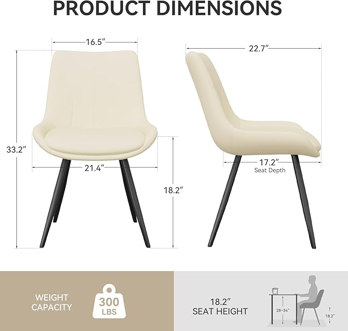 Upholstered Dining Chairs Set of 4, Modern Faux Leather Dining Room Chairs with Thick Cushion and Metal Legs, Kitchen Chairs with Back for Dining Room, Cream
